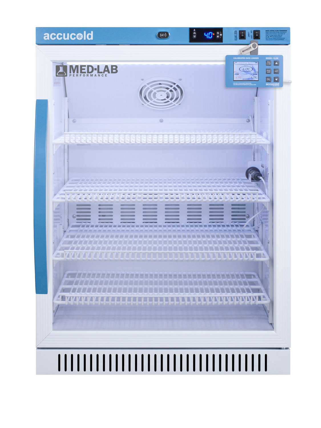 Performance series Med-Lab 6 cu.ft. freestanding ADA height glass door all-refrigerator for laboratory storage with factory-installed data logger, antimicrobial silver ion handle, and hospital grade cord with 'green dot' plug